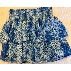 Ramy Brook New York Blue White Print Smocked Tiered‎ Ruffle Mini Skirt S/P